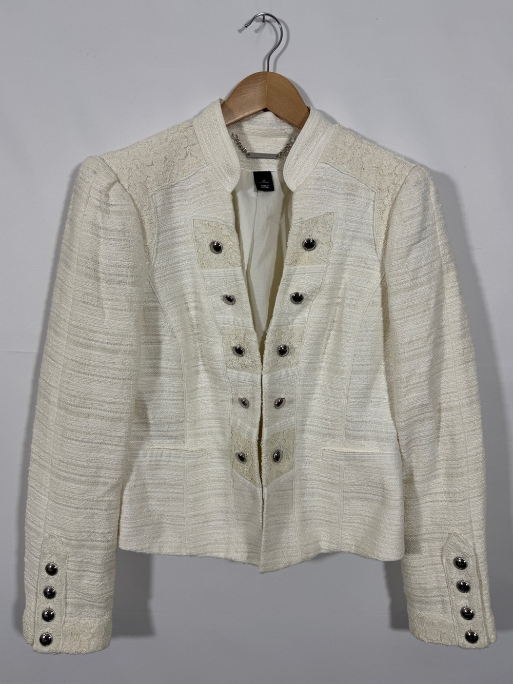 WJT13 {WHBM} Off White Lace Military Style Cropped Cotton Blazer Suit Coat Jacke